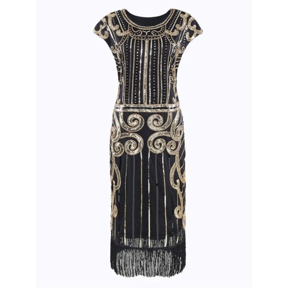 Black & Gold 1920s Sequined Flapper Dress – Size L (New Without Tags) - Picture 7 of 13